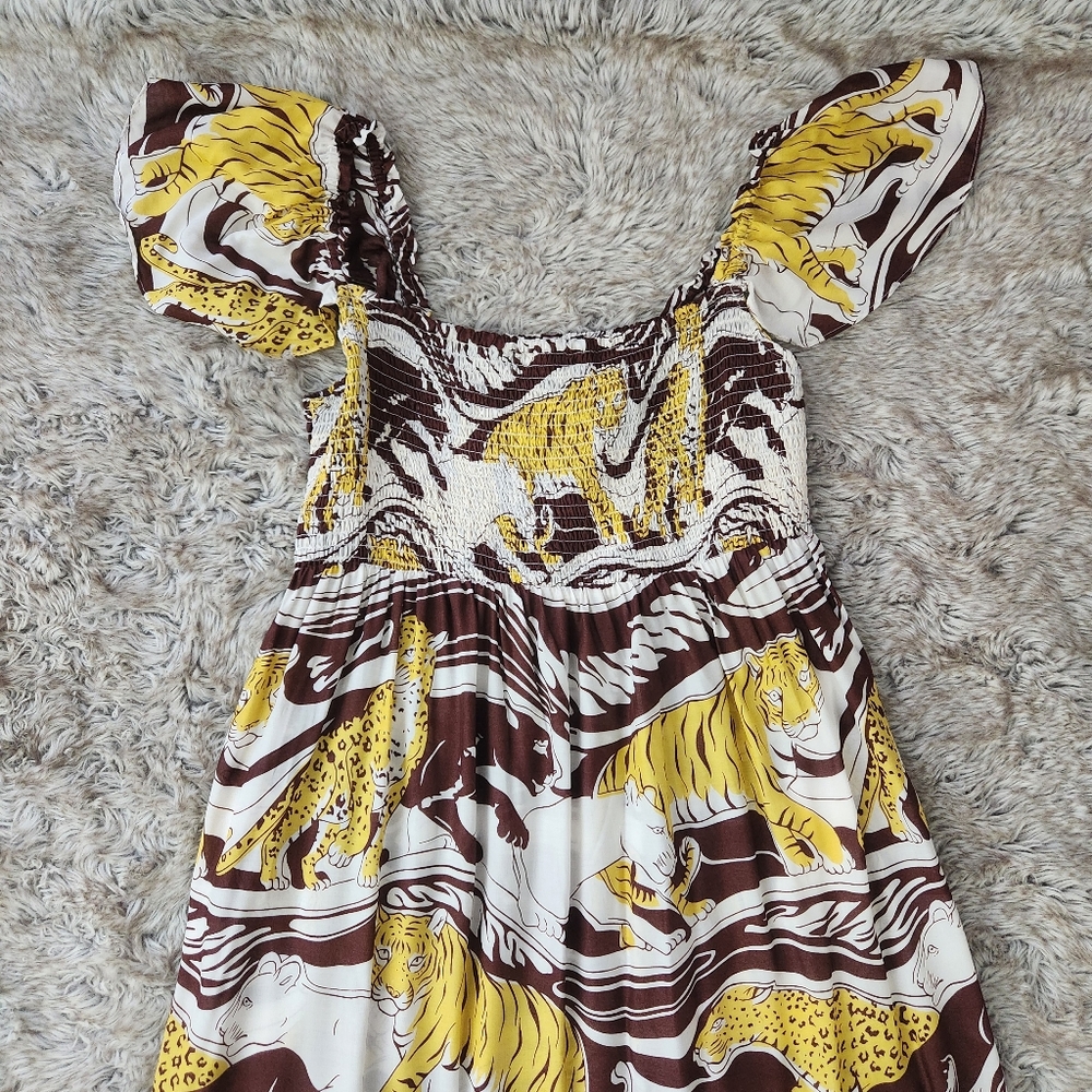 By Anthropologie Ruffle Strap Maxi Dress Brown Motif Women's Size XL Petite - Picture 5 of 12